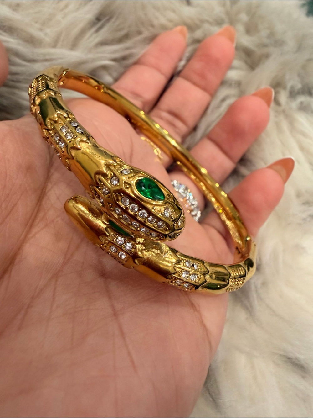 Gold-Tone Snake Bangle Bracelet with Green Stone Accent